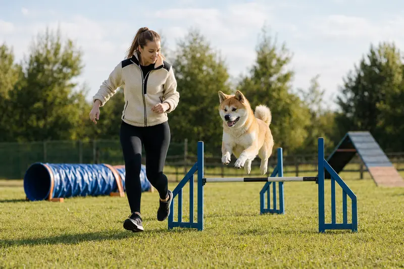 Ein Akita Inu Hund trainiert voller Freude mit seinem Besitzer auf einem Hundeplatz.