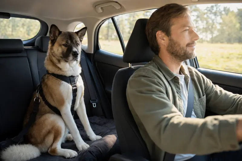 Ein Akita Inu Hund sitzt sicher angeschnallt auf der Rückbank eines Autos und genießt das Sonnenlicht.