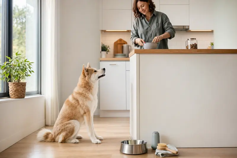 Ein Akita Inu Hund sitzt neben einem hochwertigen Futternapf und Pflegezubehör in einer hellen Küche, während sein Besitzer frisches Futter vorbereitet.