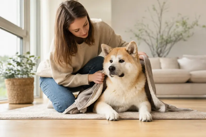 Ein entspannter Akita Inu Hund liegt in einem hellen Zuhause, während sein Besitzer ihm liebevoll eine Decke überlegt, was Geborgenheit und Schutz symbolisiert.