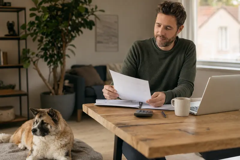 Ein entspannter Akita Inu Hund liegt neben einer Tierarztrechnung auf einem Tisch in einer hellen Wohnung.