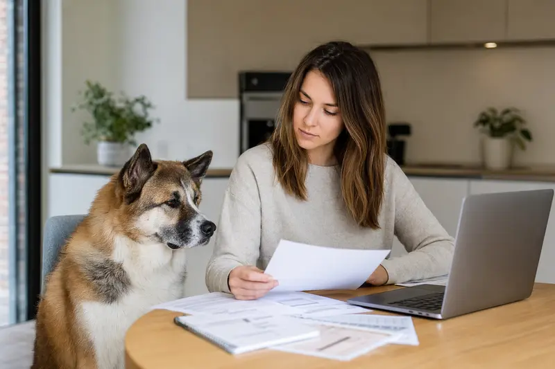 Ein ruhiger Akita Inu Hund sitzt neben seinem Besitzer am Küchentisch mit Versicherungsunterlagen und einem Laptop.