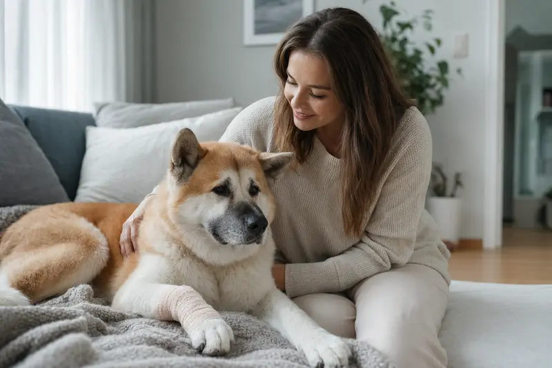Ein entspannter Akita Inu mit einem leichten Verband an der Pfote liegt auf einer Decke, während sein Besitzer beruhigt daneben sitzt.