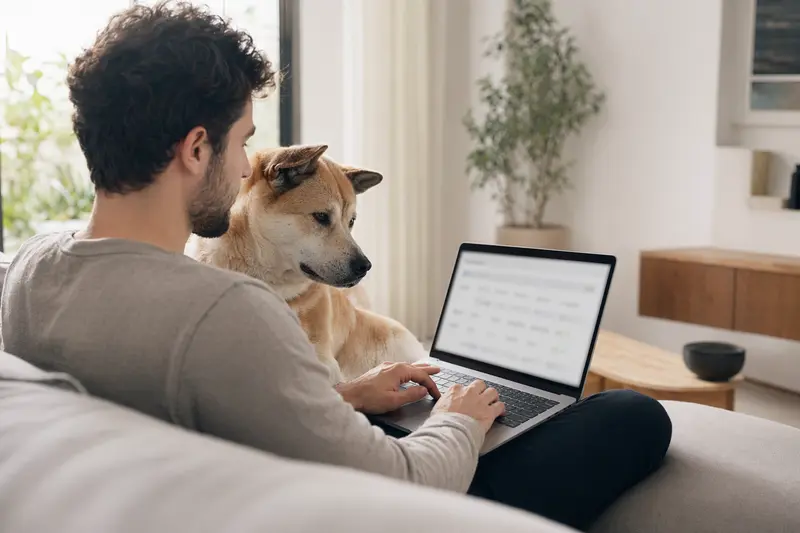 Ein Akita Inu Hund sitzt entspannt neben seinem Besitzer, der an einem Laptop sitzt und Versicherungsmöglichkeiten vergleicht.
