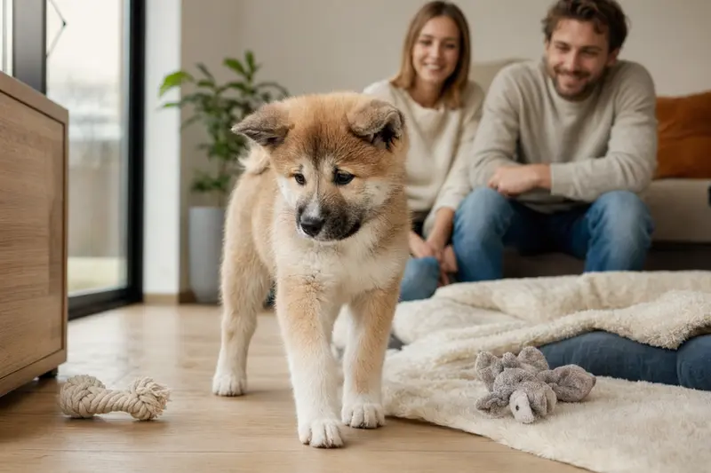 Ein junger Akita Inu Welpe erkundet neugierig sein neues Zuhause mit einer weichen Decke und Spielzeug, während eine liebevolle Familie im Hintergrund sichtbar ist.