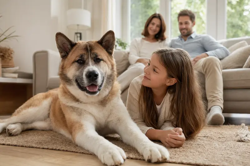 Ein freundlicher Akita Ken Hund liegt entspannt neben einem Kind im Wohnzimmer, während die Eltern im Hintergrund eine sichere Familienatmosphäre vermitteln.