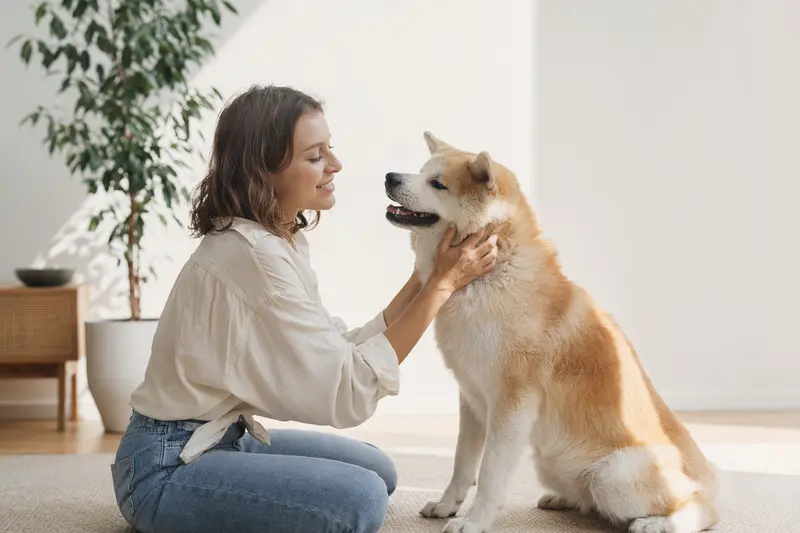Aufmerksamer Akita Ken Hund in natürlicher Haltung vor hellem, neutralem Hintergrund.