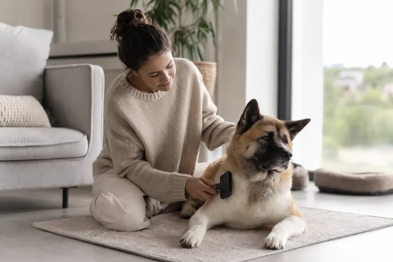 Ein Akita Ken Hund wird in einer hellen Wohnung liebevoll gebürstet, während der Besitzer die Fellpflege ruhig und aufmerksam übernimmt.