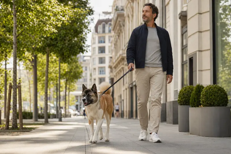 Ein Akita Ken Hund läuft an der Leine mit seinem Besitzer durch eine moderne Stadtstraße in entspannter Alltagssituation.