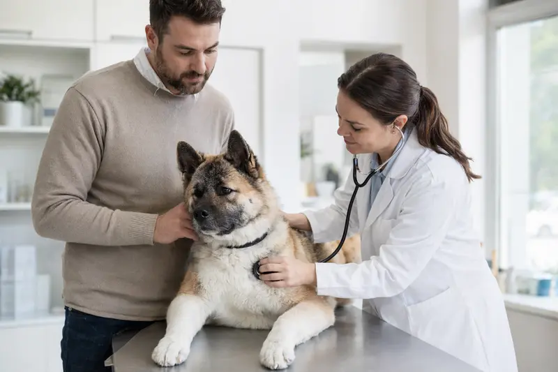 Eine Tierärztin untersucht einen ruhigen Akita Ken mit dem Stethoskop in einer modernen Tierarztpraxis, während der Besitzer beruhigend danebensteht.