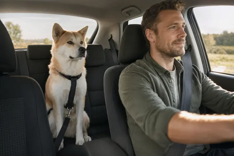 Ein Akita Ken Hund sitzt sicher angeschnallt auf der Rückbank eines Autos, während der Besitzer ruhig fährt.
