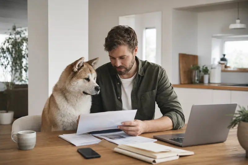 Ein Akita Ken sitzt ruhig neben seinem Besitzer am Küchentisch mit Versicherungsunterlagen und einem Laptop mit neutraler Vergleichsseite, passend zum Thema Tierkrankenversicherung.
