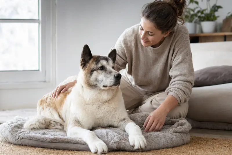 Akita Ken Hund mit leichtem Verband an der Pfote liegt ruhig auf einer Decke neben seinem erleichterten Besitzer in einer hellen Wohnung.