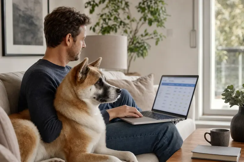 Ein Hundehalter mit einem Akita Ken Hund sitzt auf dem Sofa und vergleicht tiermedizinische Versicherungen auf seinem Laptop.