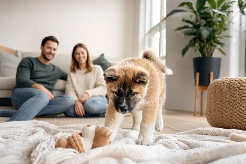Ein junger Akita Ken Welpe entdeckt neugierig sein neues Zuhause in einer hellen Wohnung mit weicher Decke und Spielzeug.