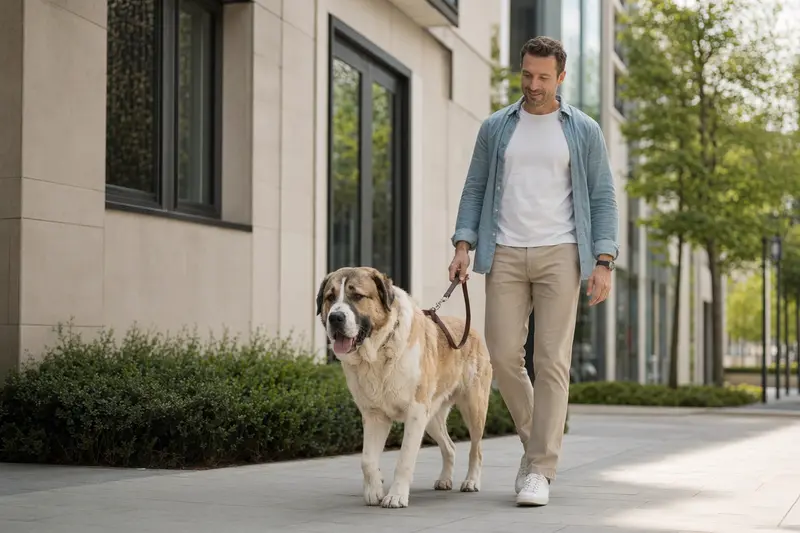 Ein Alabai Hund läuft entspannt mit seinem Besitzer an der Leine durch eine moderne Stadtstraße.