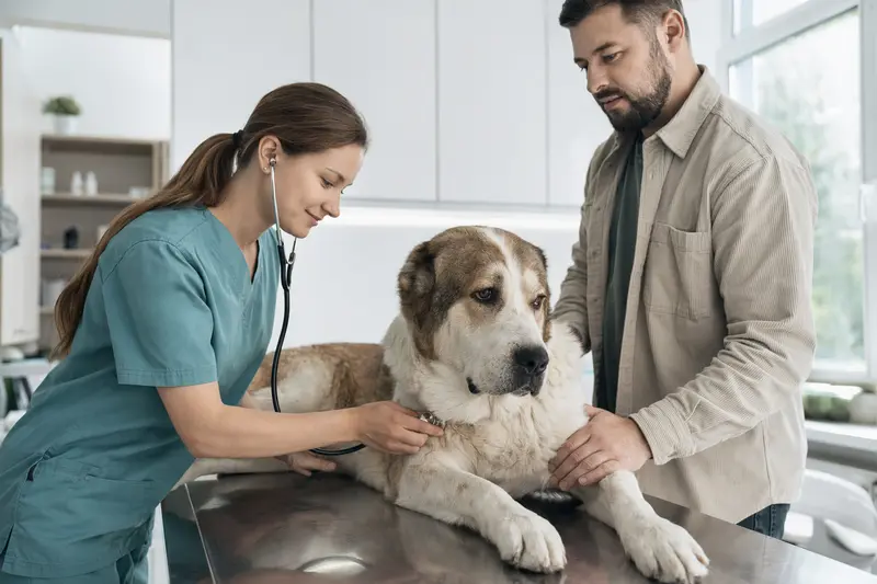 Ein Alabai Hund wird sanft von einer Tierärztin mit Stethoskop untersucht, während sein Besitzer beruhigend daneben steht.