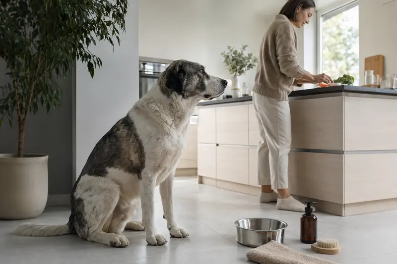 Ein Alabai Hund sitzt in einer modernen Küche neben einem leckeren Futternapf und Pflegezubehör, während der Besitzer das Futter zubereitet.