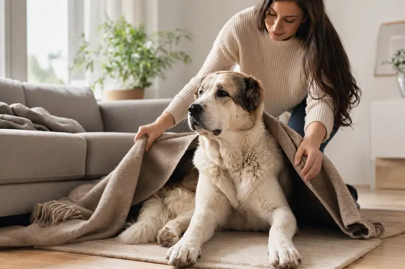 Ein entspannter Alabai Hund liegt in einem hellen Zuhause, während sein Besitzer ihm eine Decke überlegt.