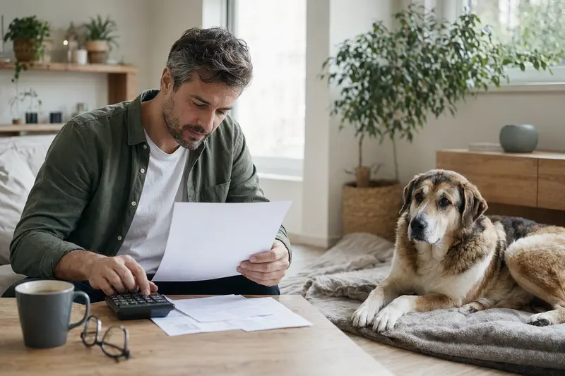 Ein entspannter Alabai Hund liegt neben einem Besitzer, der eine Tierarztrechnung studiert.