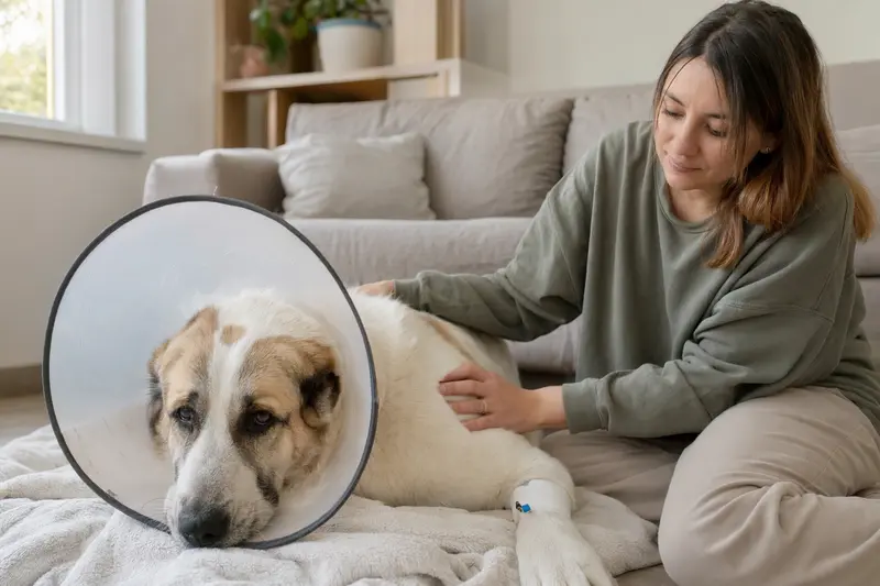 Ein Alabai Hund ruht auf einer kuscheligen Decke, während er einen medizinischen Schutzkragen trägt, und sein Besitzer sitzt sanft daneben.