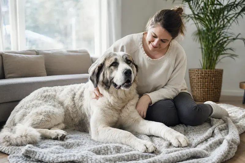Ein Alabai Hund mit Verband liegt entspannt neben seinem Besitzer in einer hellen Wohnung und strahlt Ruhe aus.
