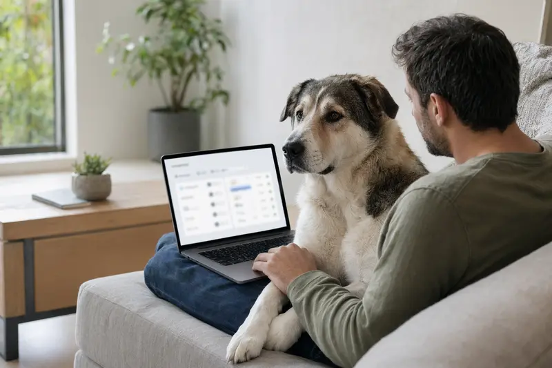 Ein Hundebesitzer sitzt mit seinem Alabai-Hund auf dem Sofa und vergleicht Versicherungen auf einem Laptop.