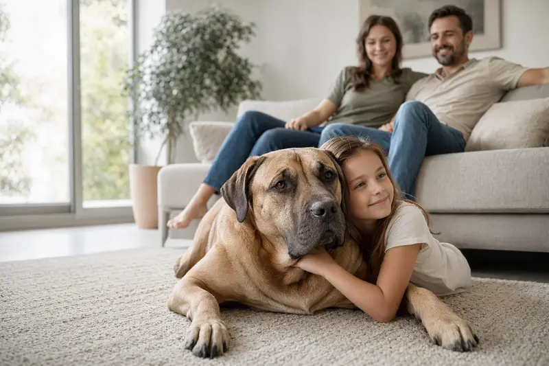 Ein entspannter Alangu Mastiff Hund liegt neben einem Kind im Wohnzimmer und vermittelt eine vertrauensvolle Familienatmosphäre.