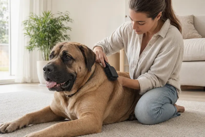 Ein Alangu Mastiff Hund wird zu Hause sanft gebürstet, während sein Besitzer sich liebevoll um die Fellpflege kümmert.