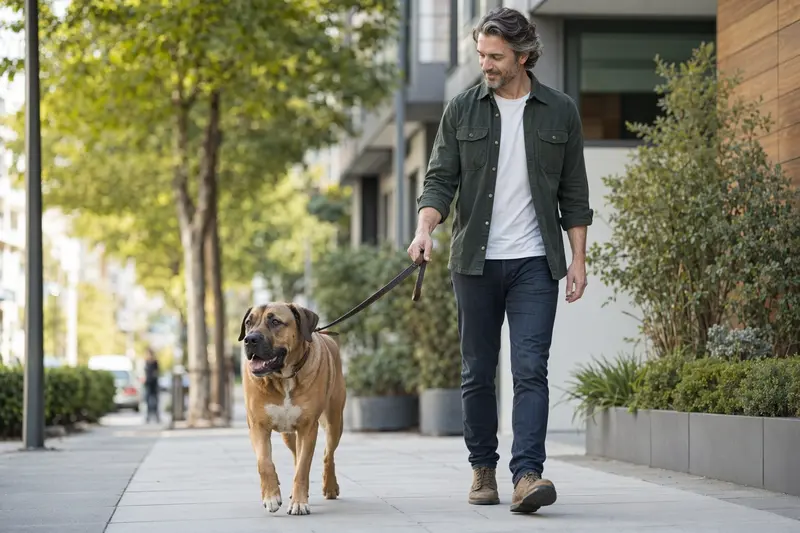 Ein Alangu Mastiff hund läuft an der Leine mit seinem Besitzer durch eine moderne Stadtstraße.