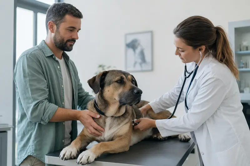 Ein Alangu Mastiff Hund wird von einer freundlichen Tierärztin mit einem Stethoskop in einer modernen Tierarztpraxis untersucht, während der Besitzer beruhigend daneben steht.
