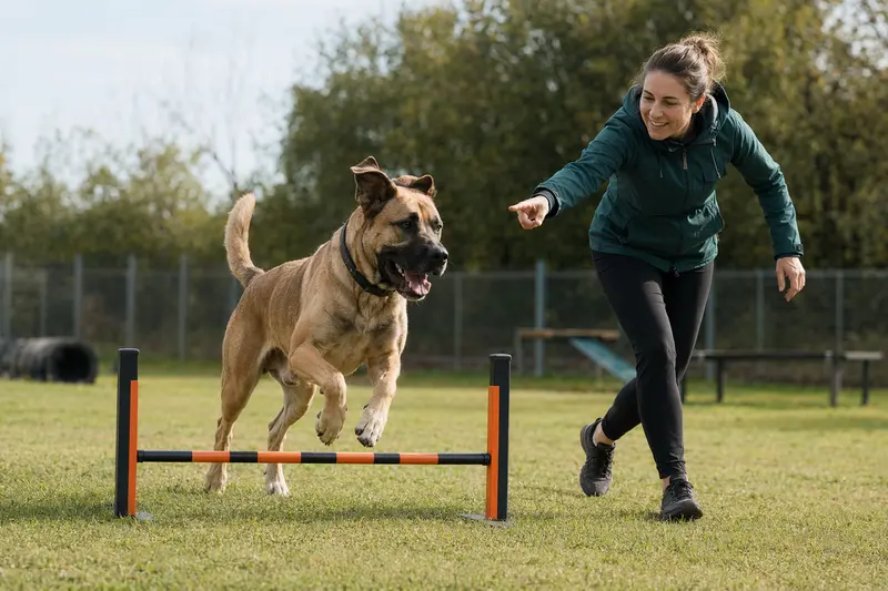 Ein Alangu Mastiff trainiert mit seinem Besitzer auf einem sonnigen Hundeplatz, springt über eine kleine Hindernisbarriere und zeigt Freude an der Bewegung.