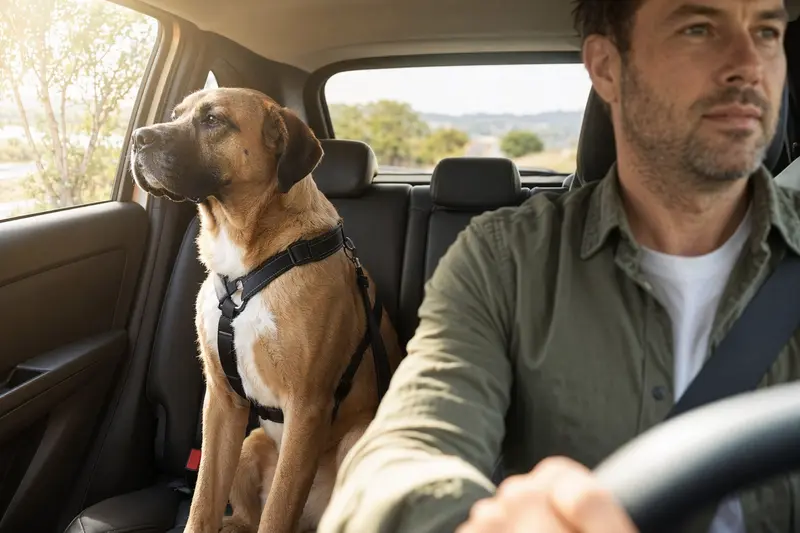 Ein Alangu Mastiff Hund, sicher angeschnallt auf der Rückbank eines Autos, während der Besitzer ruhig fährt und Sonnenlicht durch das Fenster strömt.