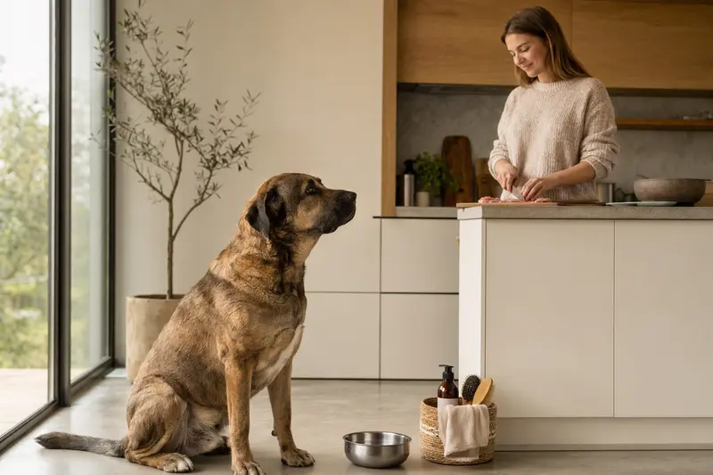 Ein Alangu Mastiff Hund genießt die Vorbereitungen seines Futters in einer modernen Küche.