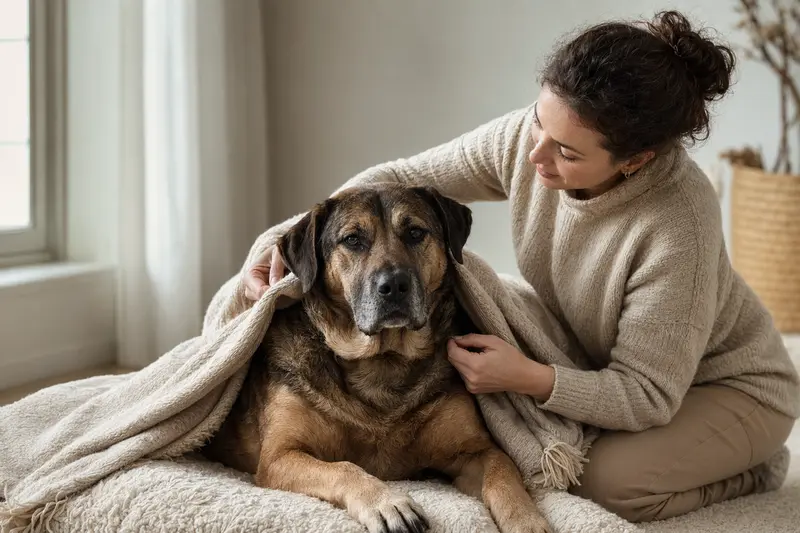 Ein entspannter Alangu Mastiff Hund, liebevoll mit einer Decke zugedeckt in einem hellen Wohnraum, symbolisiert Geborgenheit und Sicherheit.