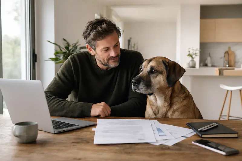 Ein ruhiger Alangu Mastiff sitzt neben seinem Herrchen am Küchentisch, während Versicherungsunterlagen und ein Laptop darauf liegen.