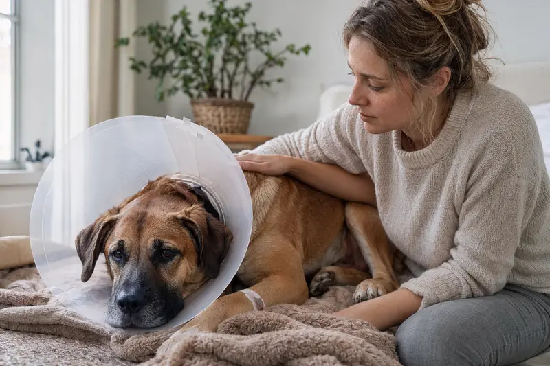 Ein Alangu Mastiff Hund ruht auf einer weichen Decke mit einem medizinischen Schutzkragen, während sein Besitzer beruhigend daneben sitzt.