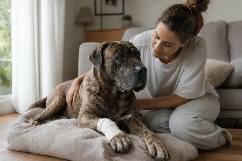 Ein Alangu Mastiff Hund mit leichtem Verband an der Pfote liegt entspannt auf einer Decke, während sein glücklicher Besitzer neben ihm sitzt.