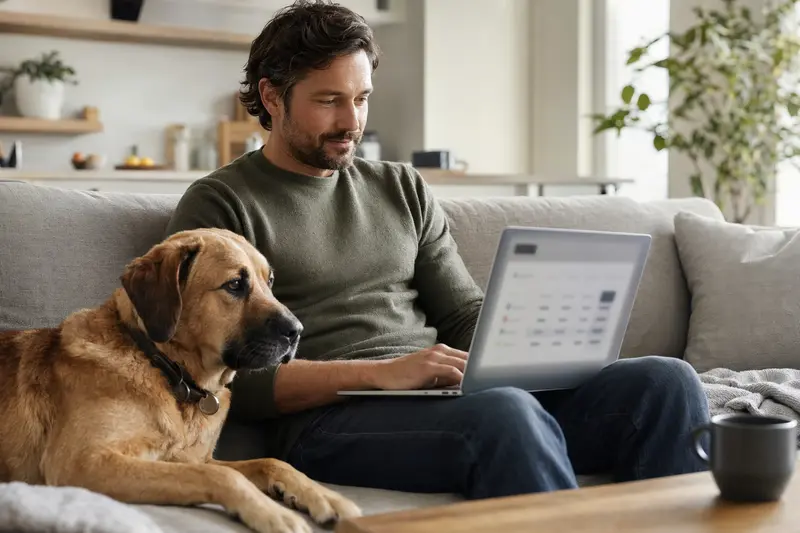 Ein Hundebesitzer sitzt mit seinem Alangu Mastiff auf dem Sofa und vergleicht Versicherungen auf dem Laptop.