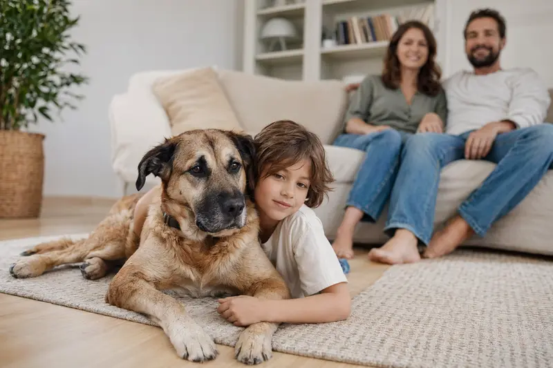 Ein entspannter Alano Hund liegt friedlich neben einem Kind im Wohnzimmer, umgeben von einer warmen Familienatmosphäre.
