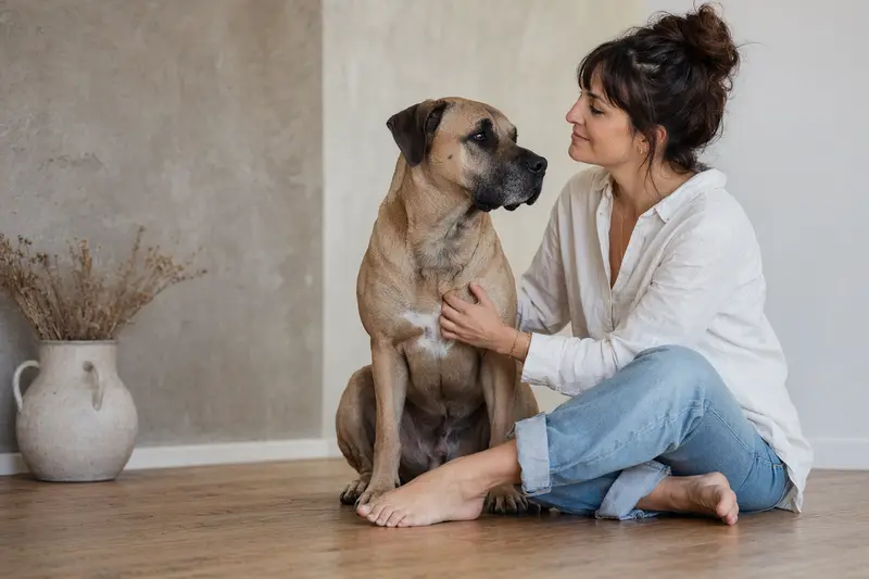Ein aufmerksamer Alano Hund in natürlicher Haltung vor hellem Hintergrund, ideal für Tiergesundheitsthemen.