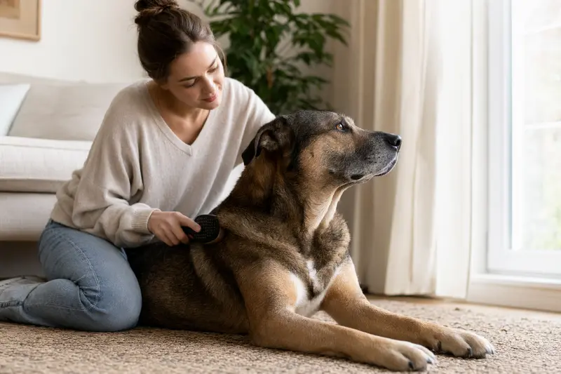 Ein Alano Hund wird liebevoll von seinem Besitzer zuhause gebürstet, was die Bedeutung der Fellpflege für die Gesundheit des Tieres unterstreicht.