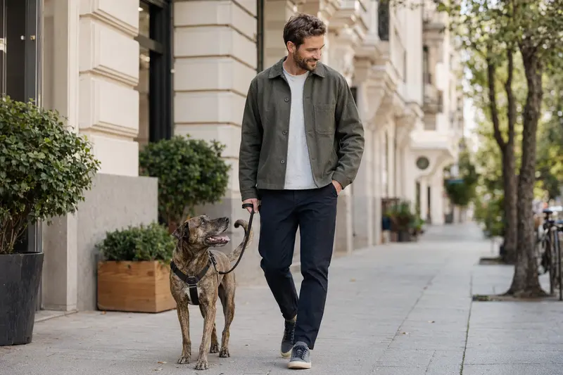 Ein Alano Hund geht entspannt an der Leine mit seinem Besitzer durch eine moderne Stadtstraße.