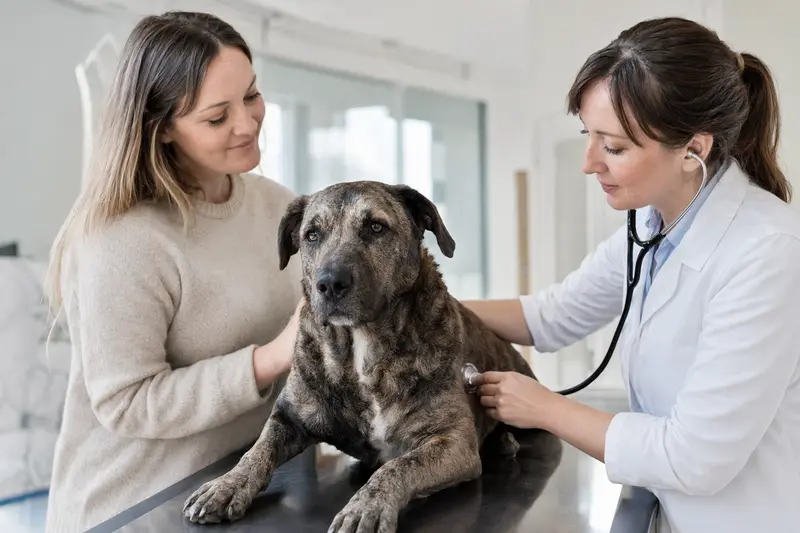 Ein Alano Hund wird behutsam von einer freundlichen Tierärztin mit einem Stethoskop auf einem Untersuchungstisch in einer modernen Tierarztpraxis untersucht.