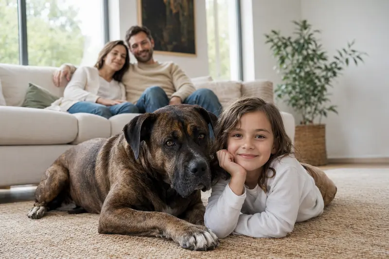 Ein Alano Español Hund entspannt neben einem Kind im Wohnzimmer, umgeben von einer warmen Familienatmosphäre.
