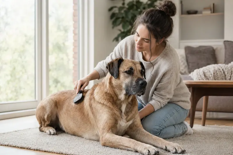 Ein Alano Español wird liebevoll zuhause gebürstet, was die Wichtigkeit der Fellpflege für die Gesundheit des Hundes zeigt.