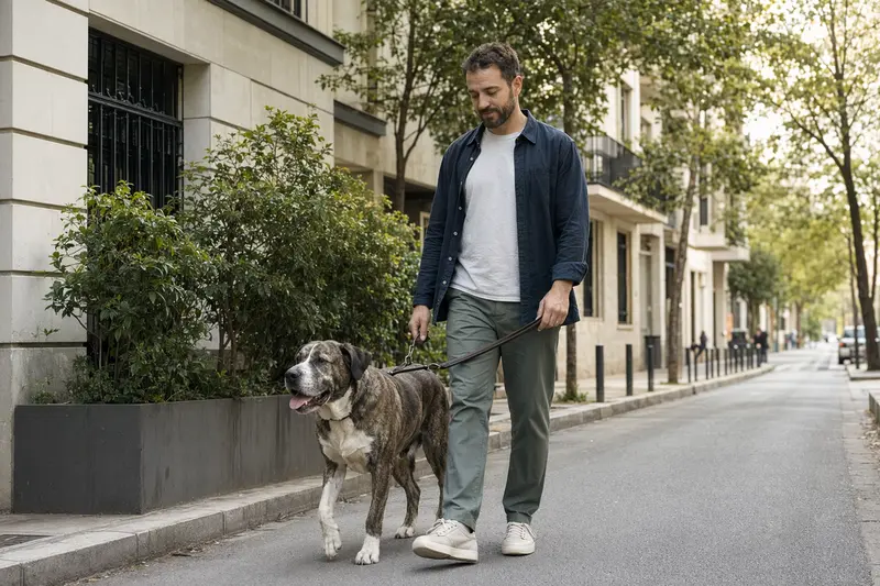 Ein Alano Español Hund läuft mit seinem Besitzer an der Leine durch eine moderne Stadtstraße.