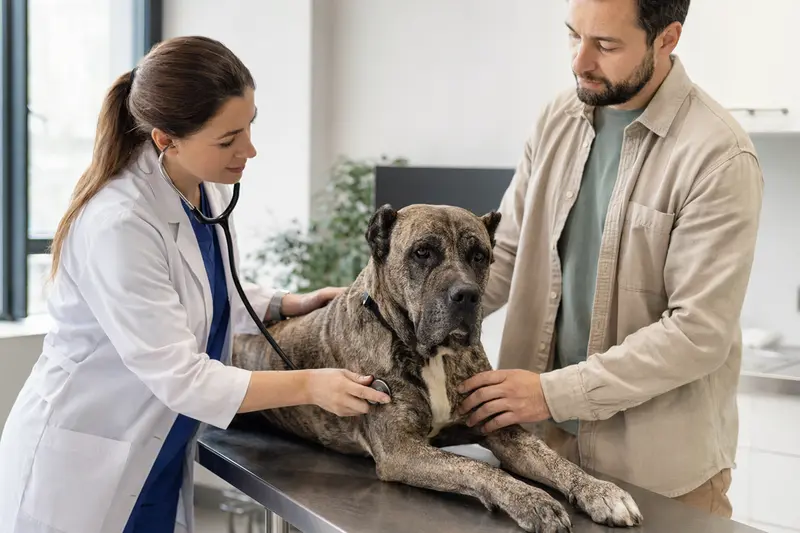 Ein Alano Español Hund wird von einer Tierärztin mit einem Stethoskop in einer modernen Praxis sorgfältig untersucht, während der Besitzer beruhigend danebensteht.