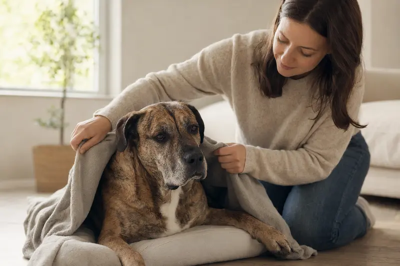Ein Alano Español Hund liegt entspannt in einem hellen Zuhause, während sein Besitzer ihm eine Decke überlegt.