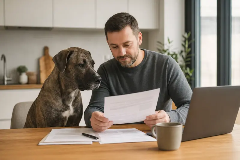 Ein Alano Español Hund sitzt ruhig neben seinem Besitzer am Küchentisch mit Versicherungsunterlagen und einem Laptop.